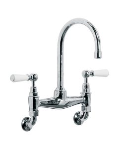 Lefroy Brooks WL 9008 Classic Wall Mounted Basin Bridge Mixer with White Levers and 6 1/2" Spout