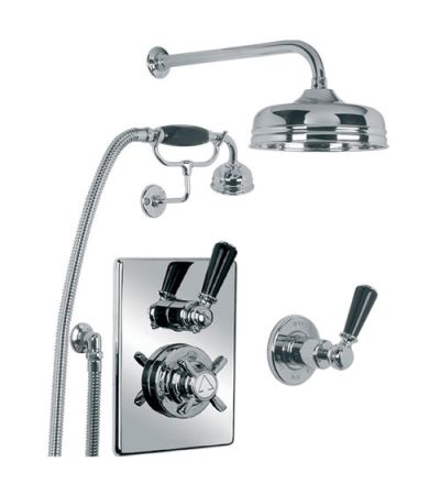 Lefroy Brooks BL 8716 Concealed Black Lever Thermostatic Mixing Valve, 8" Apron Rose and Handset