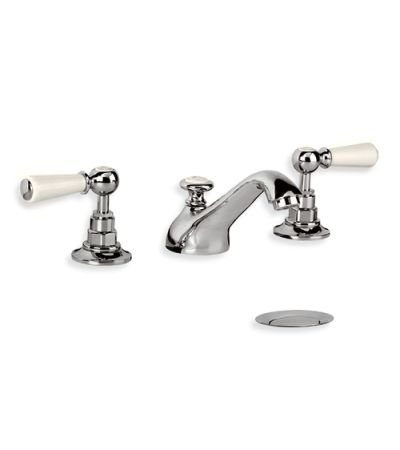 Lefroy Brooks WL 1216 Edwardian Three Hole Basin Mixer with White Levers and Pop-up Waste